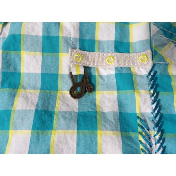Akademiks Shirt XL Plaid Teal Yellow White Button Up Y2K Hip Hop Colorful Logo C - Picture 6 of 13